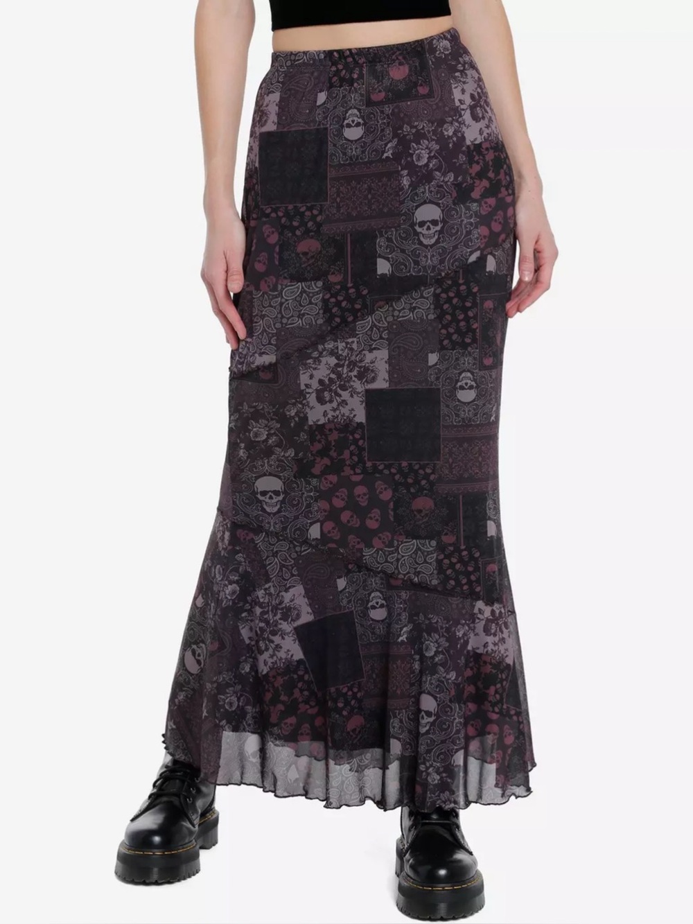 Social Collision Skull Paisley Patchwork Maxi Skirt Size S (3/5) Goth Witchy Emo